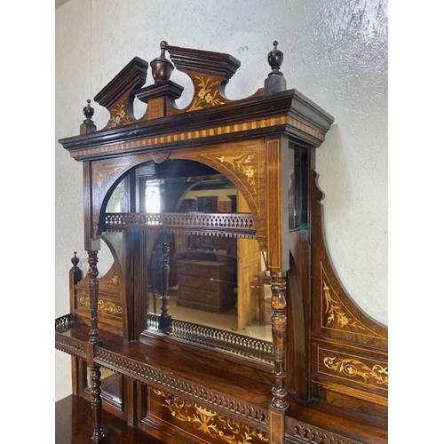 385 - Ornate Edwardian heavily inlaid sideboard or credenza with carved pierced galleries, bevel edged mir... 