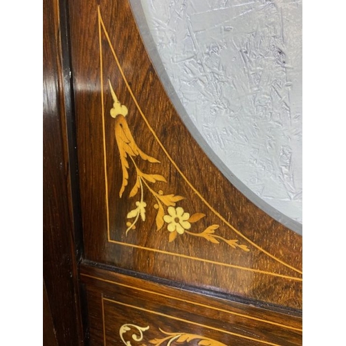 385 - Ornate Edwardian heavily inlaid sideboard or credenza with carved pierced galleries, bevel edged mir... 