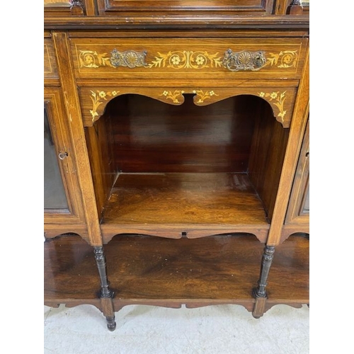 385 - Ornate Edwardian heavily inlaid sideboard or credenza with carved pierced galleries, bevel edged mir... 