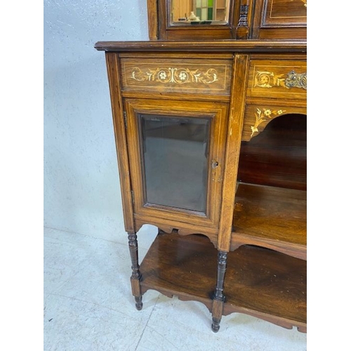 385 - Ornate Edwardian heavily inlaid sideboard or credenza with carved pierced galleries, bevel edged mir... 