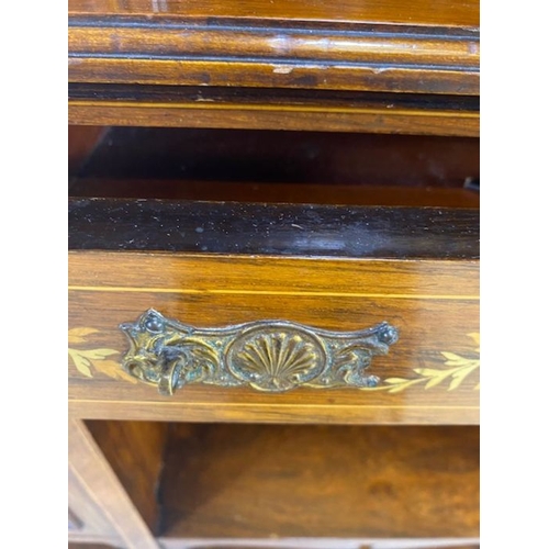 385 - Ornate Edwardian heavily inlaid sideboard or credenza with carved pierced galleries, bevel edged mir... 