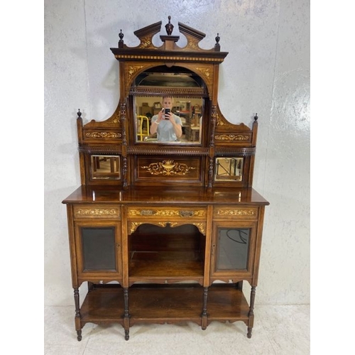 385 - Ornate Edwardian heavily inlaid sideboard or credenza with carved pierced galleries, bevel edged mir... 