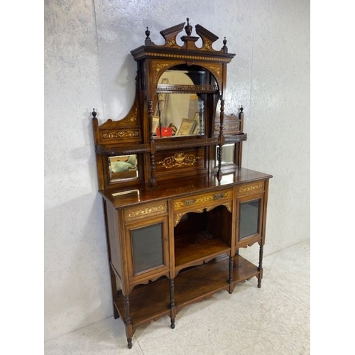 385 - Ornate Edwardian heavily inlaid sideboard or credenza with carved pierced galleries, bevel edged mir... 