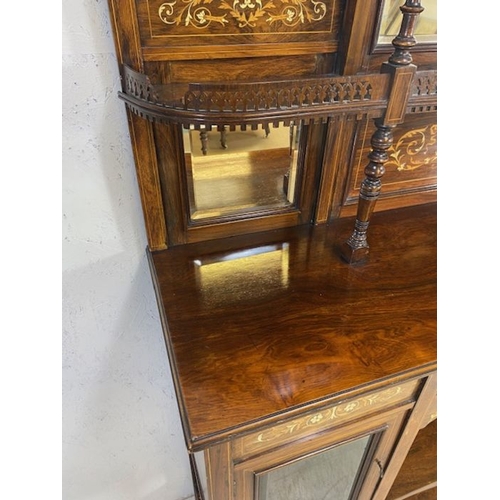 385 - Ornate Edwardian heavily inlaid sideboard or credenza with carved pierced galleries, bevel edged mir... 