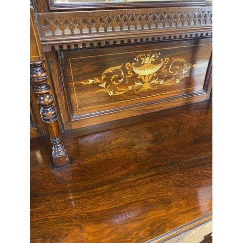 385 - Ornate Edwardian heavily inlaid sideboard or credenza with carved pierced galleries, bevel edged mir... 