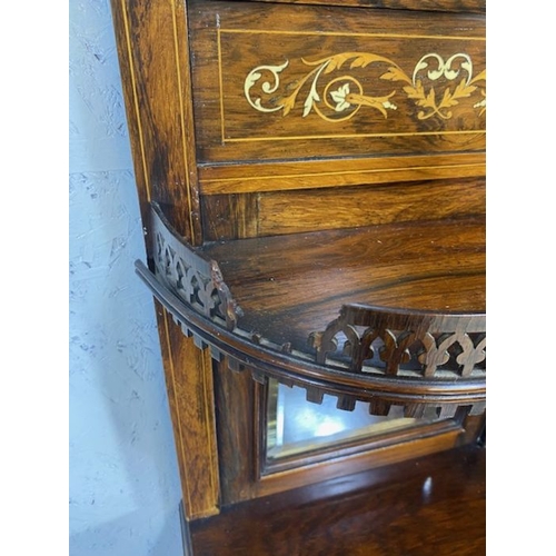 385 - Ornate Edwardian heavily inlaid sideboard or credenza with carved pierced galleries, bevel edged mir... 