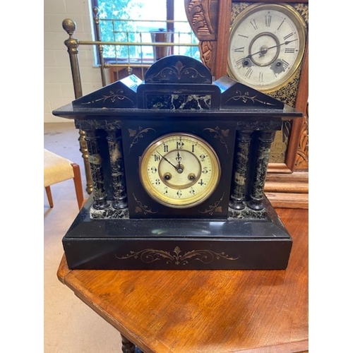 389 - Two mantle clocks, one marble and a octagonal occasional table on castors