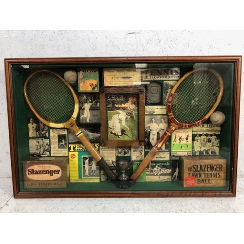 393 - Sporting memorabilia, Framed display of Lawn Tennis items, comprising of Rackets, Balls trophy's, ad... 