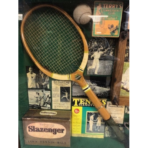 393 - Sporting memorabilia, Framed display of Lawn Tennis items, comprising of Rackets, Balls trophy's, ad... 