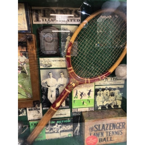 393 - Sporting memorabilia, Framed display of Lawn Tennis items, comprising of Rackets, Balls trophy's, ad... 