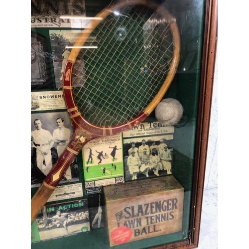 393 - Sporting memorabilia, Framed display of Lawn Tennis items, comprising of Rackets, Balls trophy's, ad... 