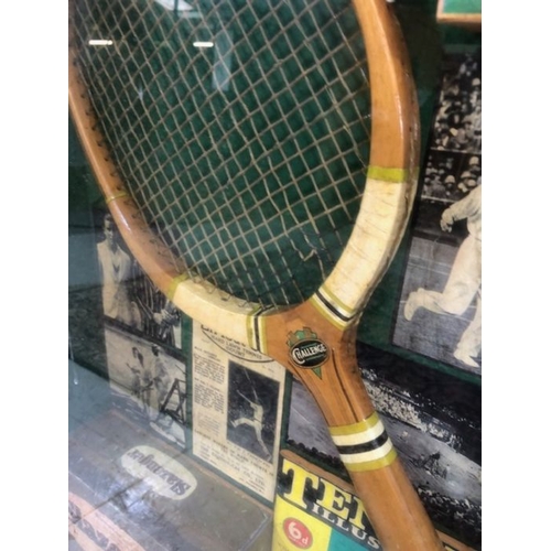 393 - Sporting memorabilia, Framed display of Lawn Tennis items, comprising of Rackets, Balls trophy's, ad... 