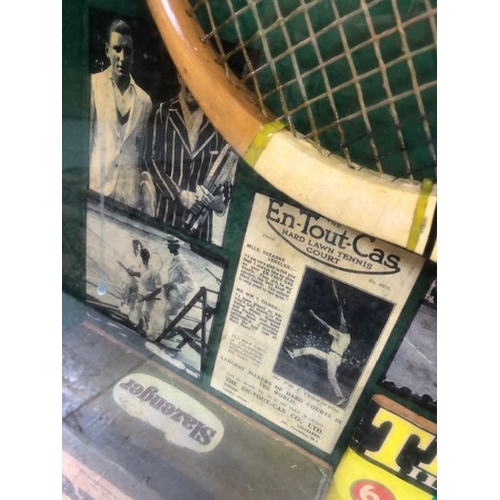 393 - Sporting memorabilia, Framed display of Lawn Tennis items, comprising of Rackets, Balls trophy's, ad... 