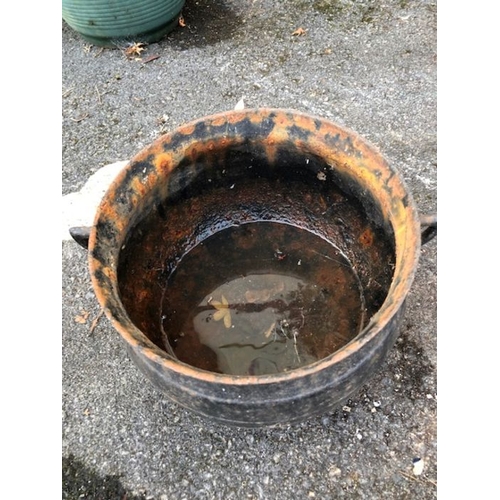 407 - Metal lidded pot on three feet approx 22cm tall