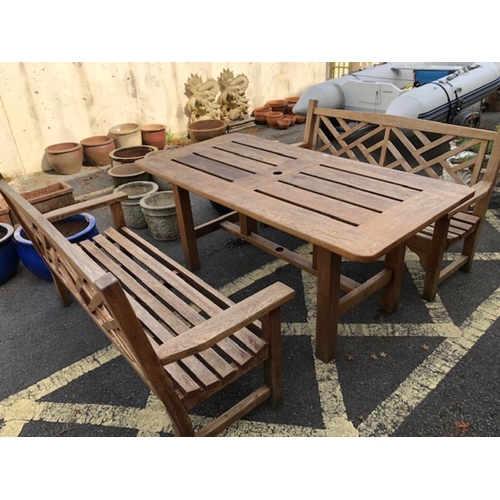 411 - Solid wood garden table and two benches, table approx 168 x 83 x 74cm