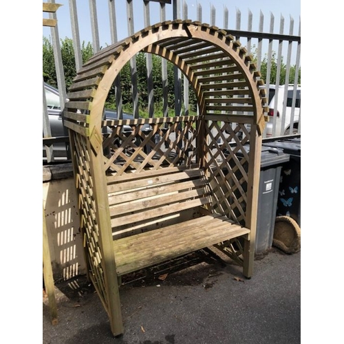 434 - Wooden garden bench seat with wooden surround/ pergola approx 200 x 136 x 75cm