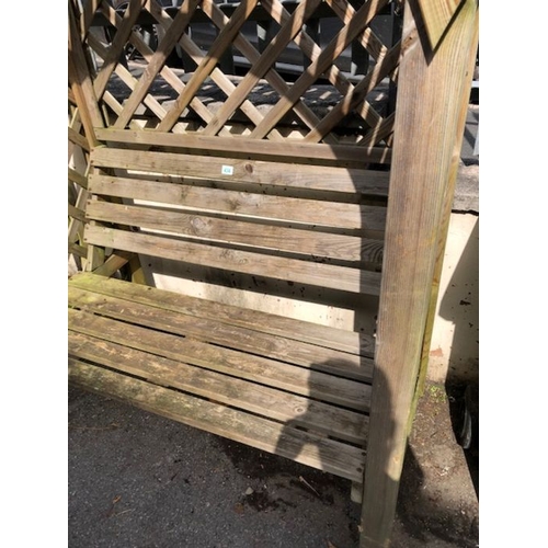 434 - Wooden garden bench seat with wooden surround/ pergola approx 200 x 136 x 75cm