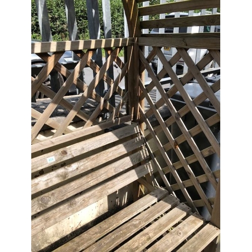 434 - Wooden garden bench seat with wooden surround/ pergola approx 200 x 136 x 75cm