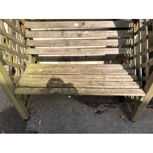 434 - Wooden garden bench seat with wooden surround/ pergola approx 200 x 136 x 75cm