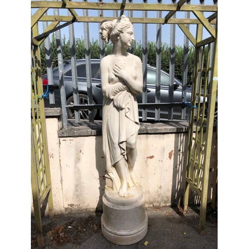 436 - Garden statue of a scantily clad maiden on a plinth approx 200cm tall made from plastic or resin wit... 