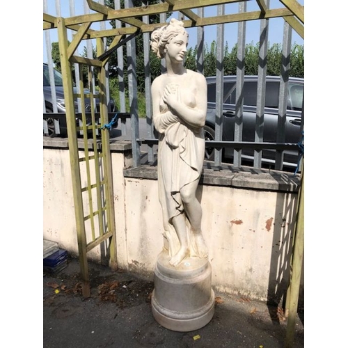 436 - Garden statue of a scantily clad maiden on a plinth approx 200cm tall made from plastic or resin wit... 