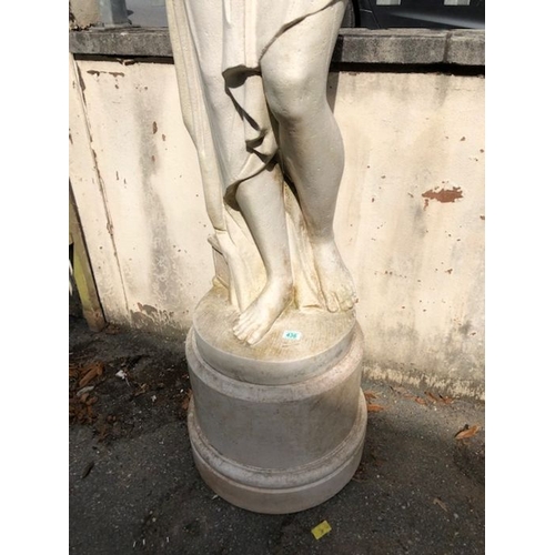 436 - Garden statue of a scantily clad maiden on a plinth approx 200cm tall made from plastic or resin wit... 