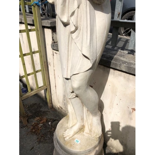 436 - Garden statue of a scantily clad maiden on a plinth approx 200cm tall made from plastic or resin wit... 