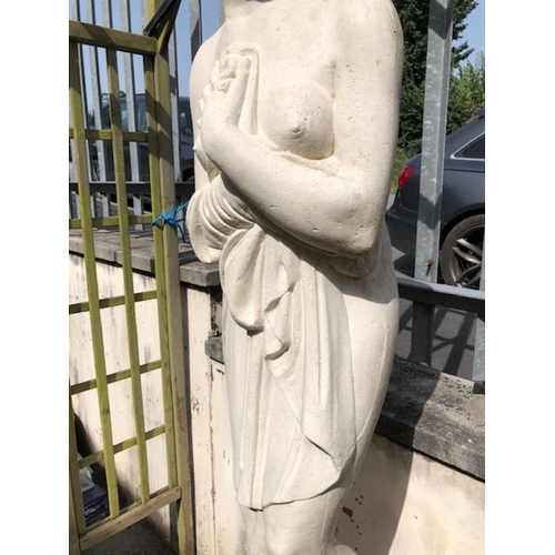 436 - Garden statue of a scantily clad maiden on a plinth approx 200cm tall made from plastic or resin wit... 