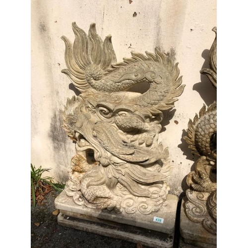 439 - Pair of Garden statues depicting Chinese dragons on Plinths made of resin approx 89 x 54cm