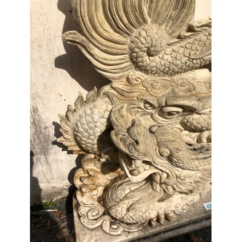 439 - Pair of Garden statues depicting Chinese dragons on Plinths made of resin approx 89 x 54cm