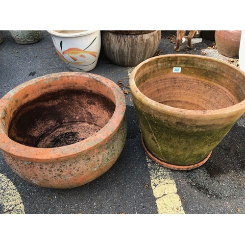 440 - Two large weathered garden Terracotta Garden planters/ pots largest 40cm tall