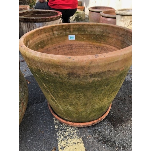 440 - Two large weathered garden Terracotta Garden planters/ pots largest 40cm tall