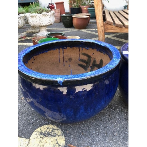 442 - Pair of blue Glazed large Garden planters diameter 49cm and 31cm tall