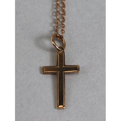 46 - 9ct Gold Cross on a fine necklace chain also 9ct and approx 40cm in length and 1.2g