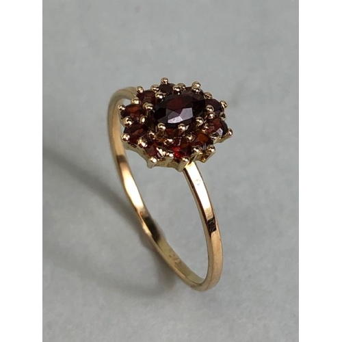 48 - 9ct Garnet cluster ring size 'P' with central oval stone surrounded by 10 smaller garnets size appro... 