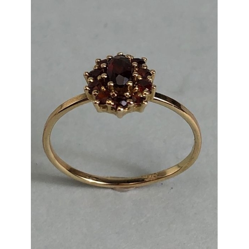 48 - 9ct Garnet cluster ring size 'P' with central oval stone surrounded by 10 smaller garnets size appro... 