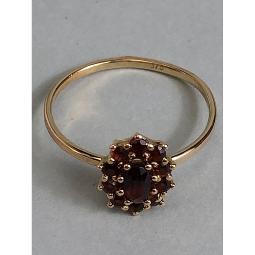 48 - 9ct Garnet cluster ring size 'P' with central oval stone surrounded by 10 smaller garnets size appro... 