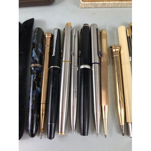 61 - Large collection of mostly vintage pens, fountain pens. Some boxed sone rolled gold to include Water... 