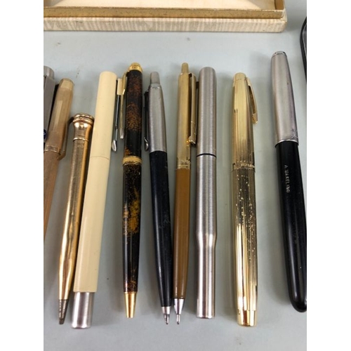 61 - Large collection of mostly vintage pens, fountain pens. Some boxed sone rolled gold to include Water... 