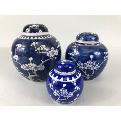 62 - Three Chinese Blue and white Ginger jars all with lids and Double blue circle marks to base