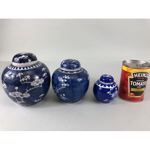 62 - Three Chinese Blue and white Ginger jars all with lids and Double blue circle marks to base