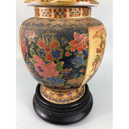 64 - Large Japanese oriental Satsuma Ginger Jar with lid in wooden plinth with floral panels and people s... 