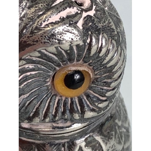 7 - Pair of Silver coloured Owl Salt and Pepper Cruets with glass eyes stamped SR to base with screw on ... 