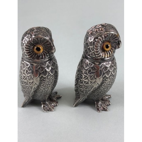 7 - Pair of Silver coloured Owl Salt and Pepper Cruets with glass eyes stamped SR to base with screw on ... 