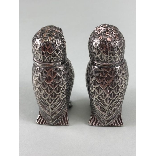 7 - Pair of Silver coloured Owl Salt and Pepper Cruets with glass eyes stamped SR to base with screw on ... 