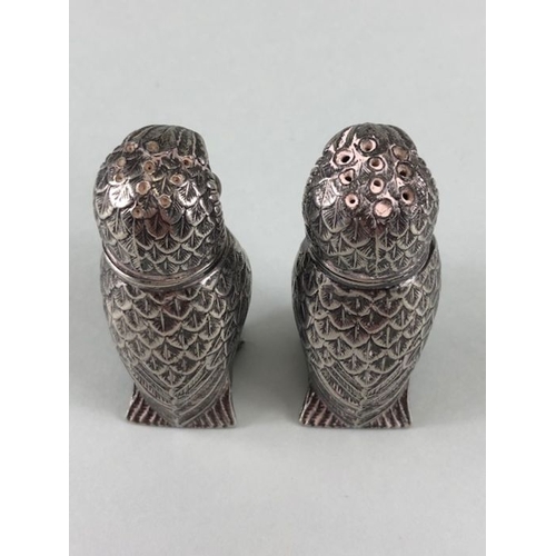 7 - Pair of Silver coloured Owl Salt and Pepper Cruets with glass eyes stamped SR to base with screw on ... 