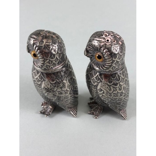 7 - Pair of Silver coloured Owl Salt and Pepper Cruets with glass eyes stamped SR to base with screw on ... 