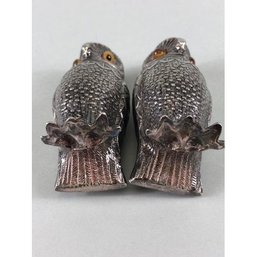 7 - Pair of Silver coloured Owl Salt and Pepper Cruets with glass eyes stamped SR to base with screw on ... 