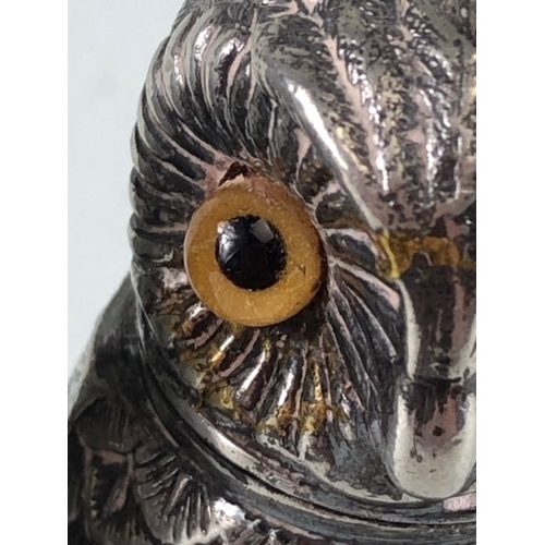 7 - Pair of Silver coloured Owl Salt and Pepper Cruets with glass eyes stamped SR to base with screw on ... 