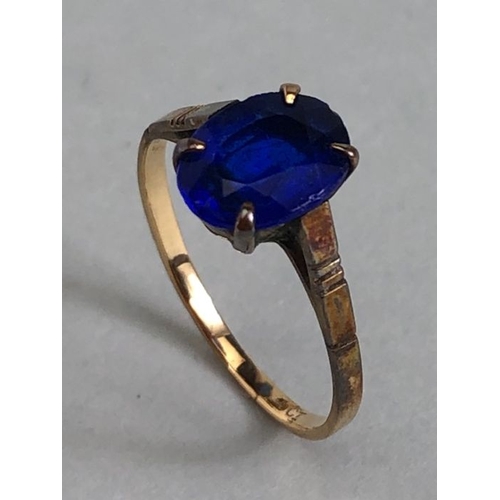 81 - 9ct Gold ring set with a single Blue faceted stone in claw setting size approx J